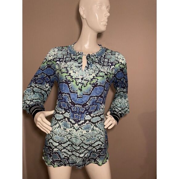 Hale Bob Snakeskin Print Blouse Women’s Small Long‎ Sleeve Popover Blue - Picture 2 of 10